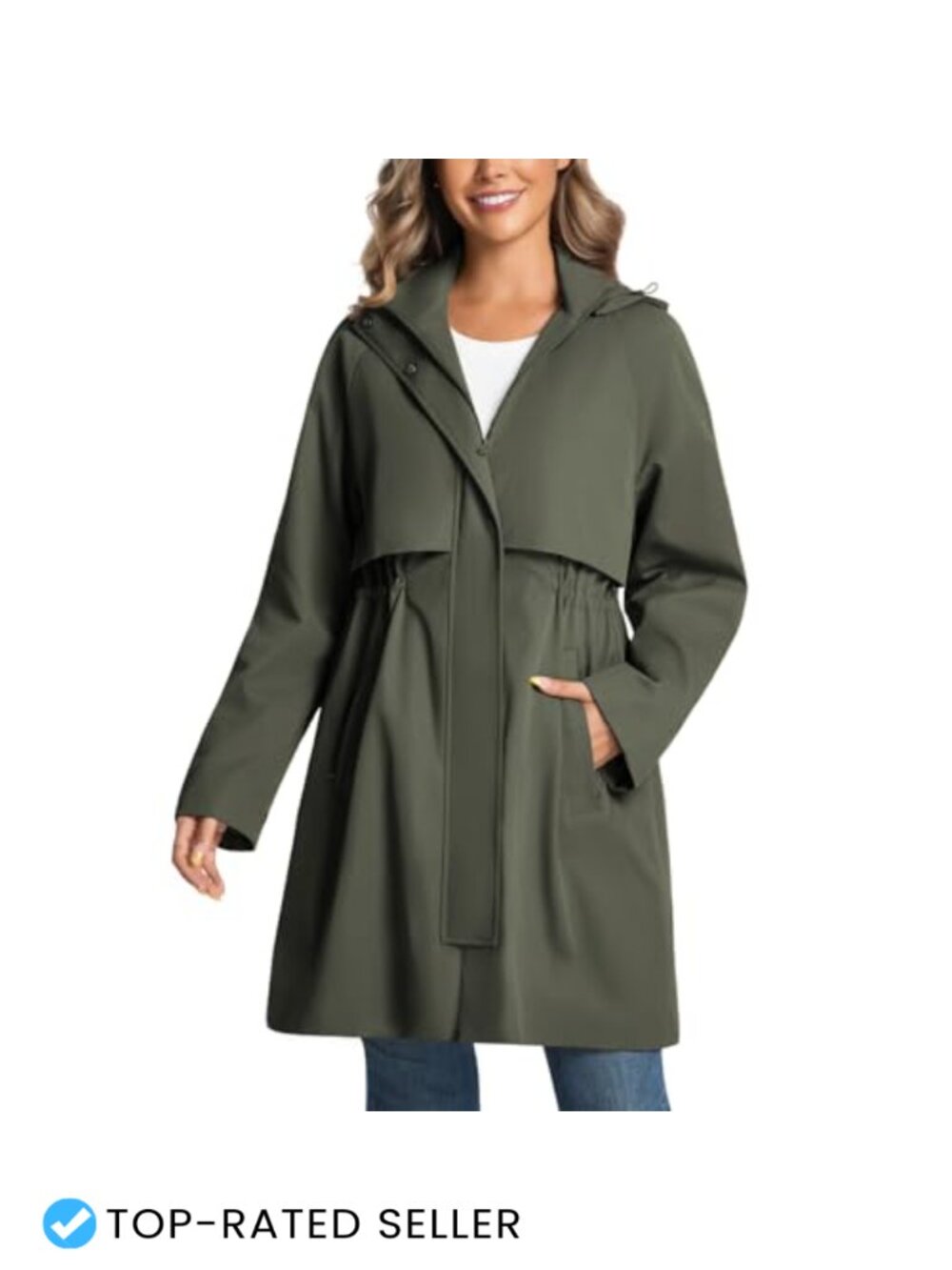 Womens Water Resistant Trench Coat Detachable Hood Windproof Long Rain Jacket